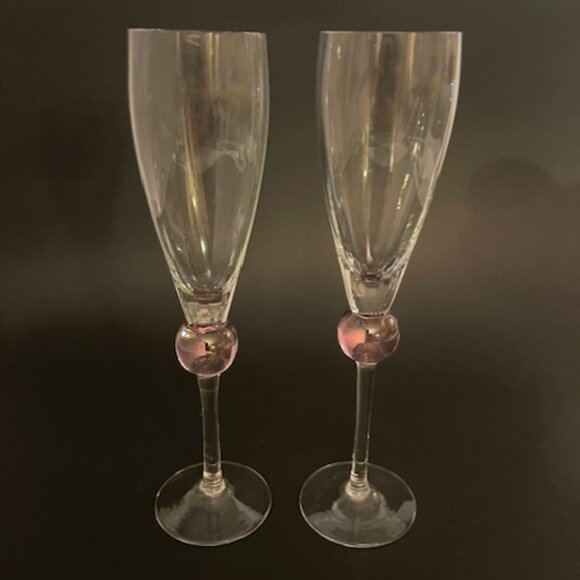 Pair of Elegant Champagne Flutes – 9.5" Tall, Long Stem with Pink Ball Decor - Picture 6 of 8